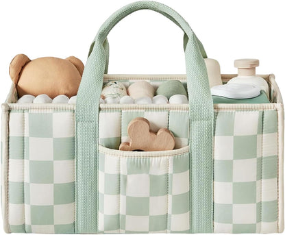 Quilted Fabric Storage Basket Floral Baby Diaper Caddy Quilted Basket for Nursery Bedroom Car Storage (L- Beige 04)