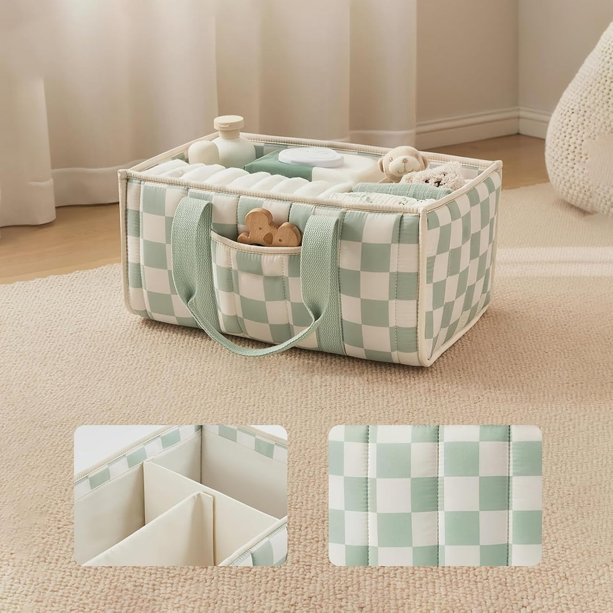 Quilted Fabric Storage Basket Floral Baby Diaper Caddy Quilted Basket for Nursery Bedroom Car Storage (L- Beige 04)