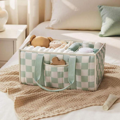 Quilted Fabric Storage Basket Floral Baby Diaper Caddy Quilted Basket for Nursery Bedroom Car Storage (L- Beige 04)
