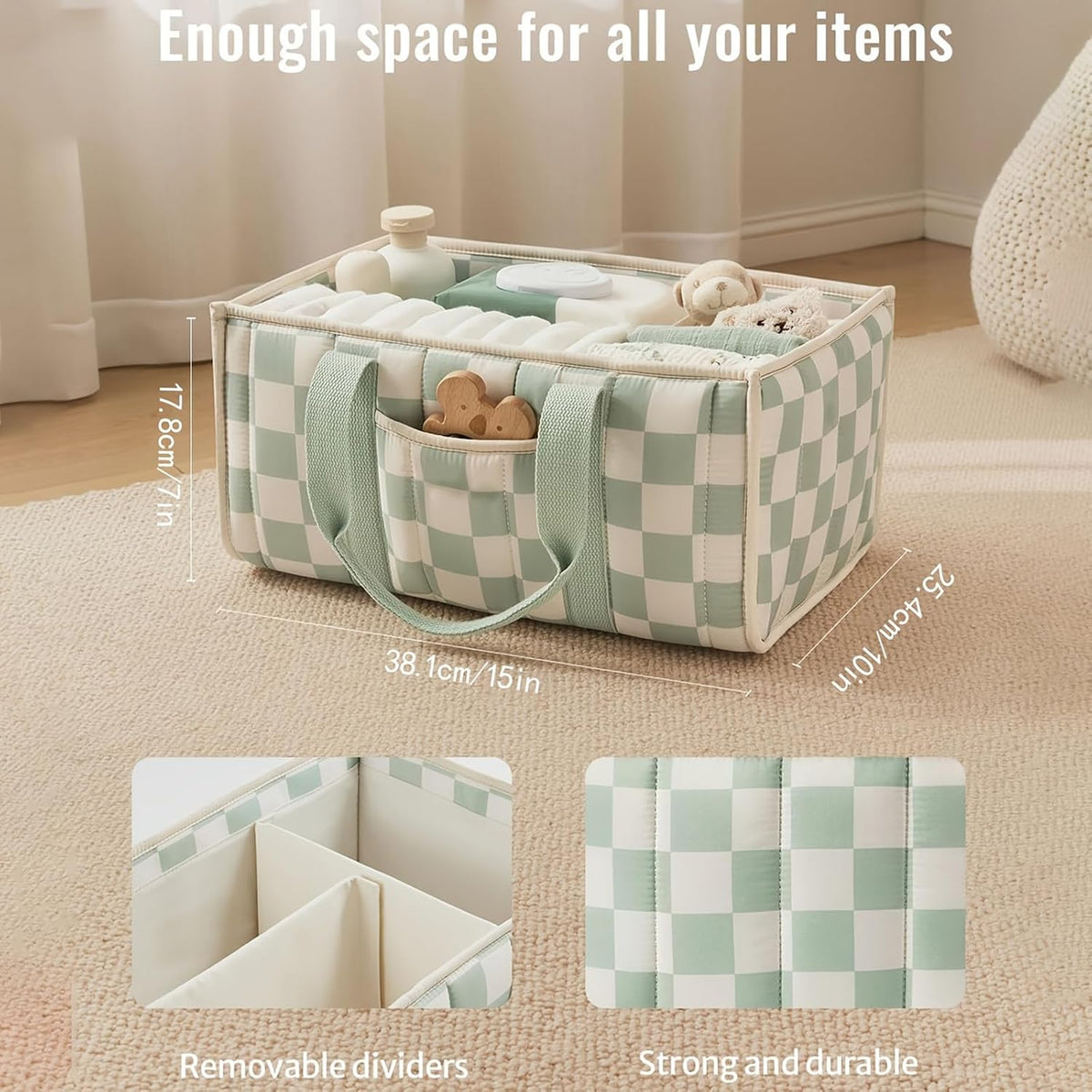 Quilted Fabric Storage Basket Floral Baby Diaper Caddy Quilted Basket for Nursery Bedroom Car Storage (L- Beige 04)