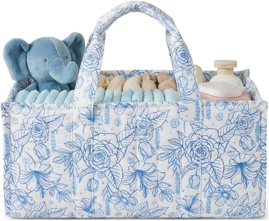Quilted Fabric Storage Basket Floral Baby Diaper Caddy Quilted Basket for Nursery Bedroom Car Storage (L- Beige 04)