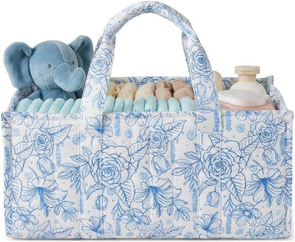 Quilted Fabric Storage Basket Floral Baby Diaper Caddy Quilted Basket for Nursery Bedroom Car Storage (L- Beige 04)