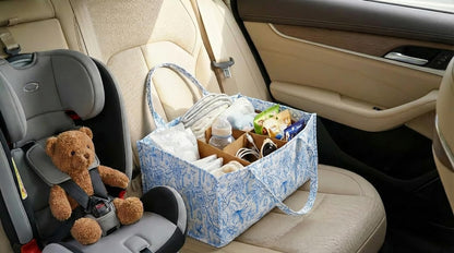 Quilted Fabric Storage Basket Floral Baby Diaper Caddy Quilted Basket for Nursery Bedroom Car Storage (L- Beige 04)