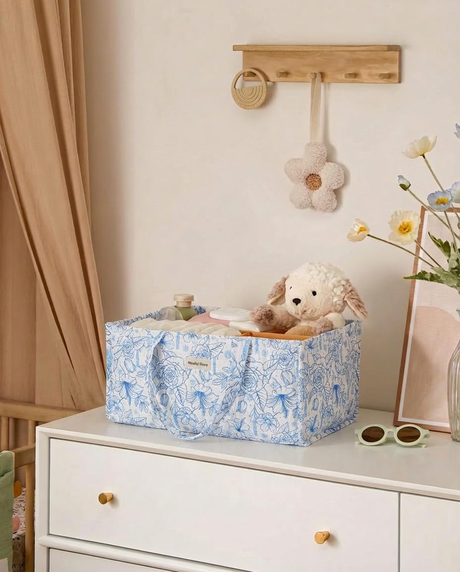 Quilted Fabric Storage Basket Floral Baby Diaper Caddy Quilted Basket for Nursery Bedroom Car Storage (L- Beige 04)