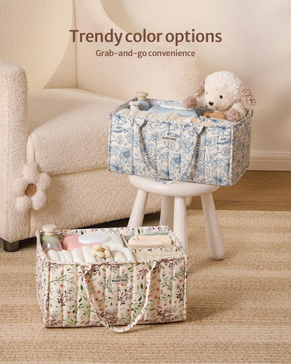 Quilted Fabric Storage Basket Floral Baby Diaper Caddy Quilted Basket for Nursery Bedroom Car Storage (L- Beige 04)