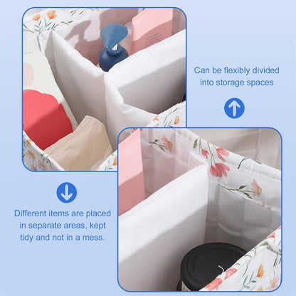 Quilted Fabric Storage Basket Floral Baby Diaper Caddy Quilted Basket for Nursery Bedroom Car Storage (L- Beige 04)