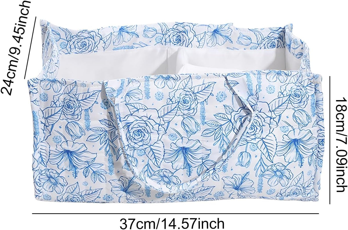 Quilted Fabric Storage Basket Floral Baby Diaper Caddy Quilted Basket for Nursery Bedroom Car Storage (L- Beige 04)