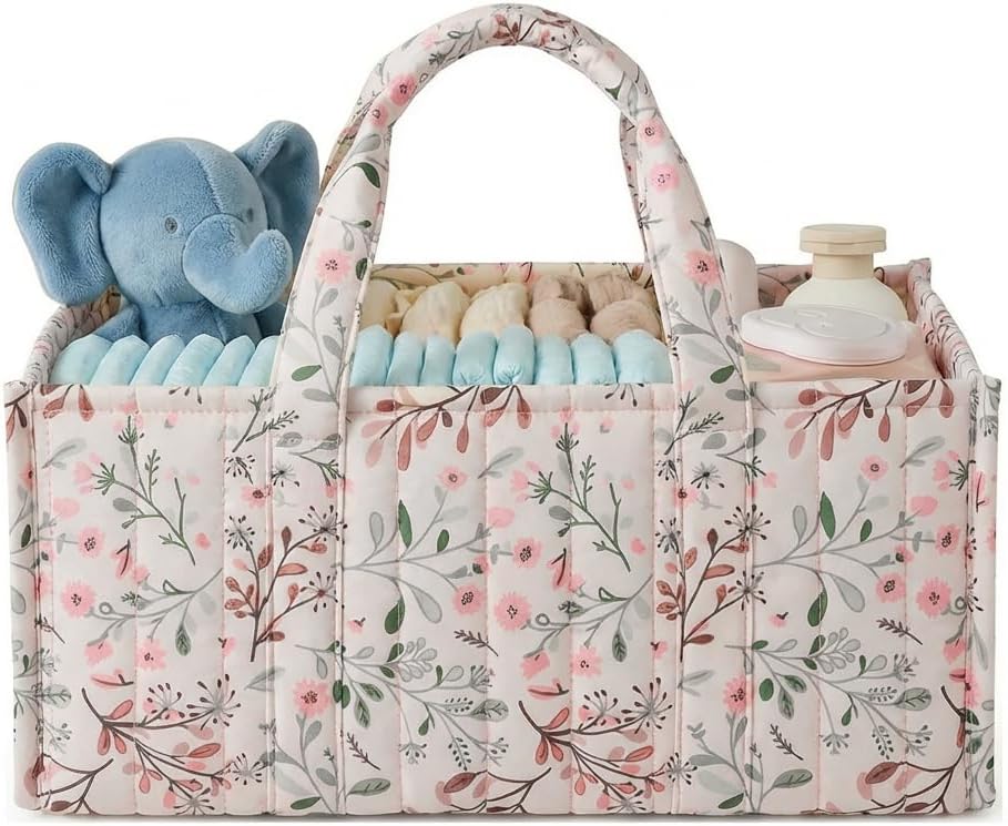 Quilted Fabric Storage Basket Floral Baby Diaper Caddy Quilted Basket for Nursery Bedroom Car Storage (L- Beige 04)