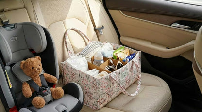 Quilted Fabric Storage Basket Floral Baby Diaper Caddy Quilted Basket for Nursery Bedroom Car Storage (L- Beige 04)