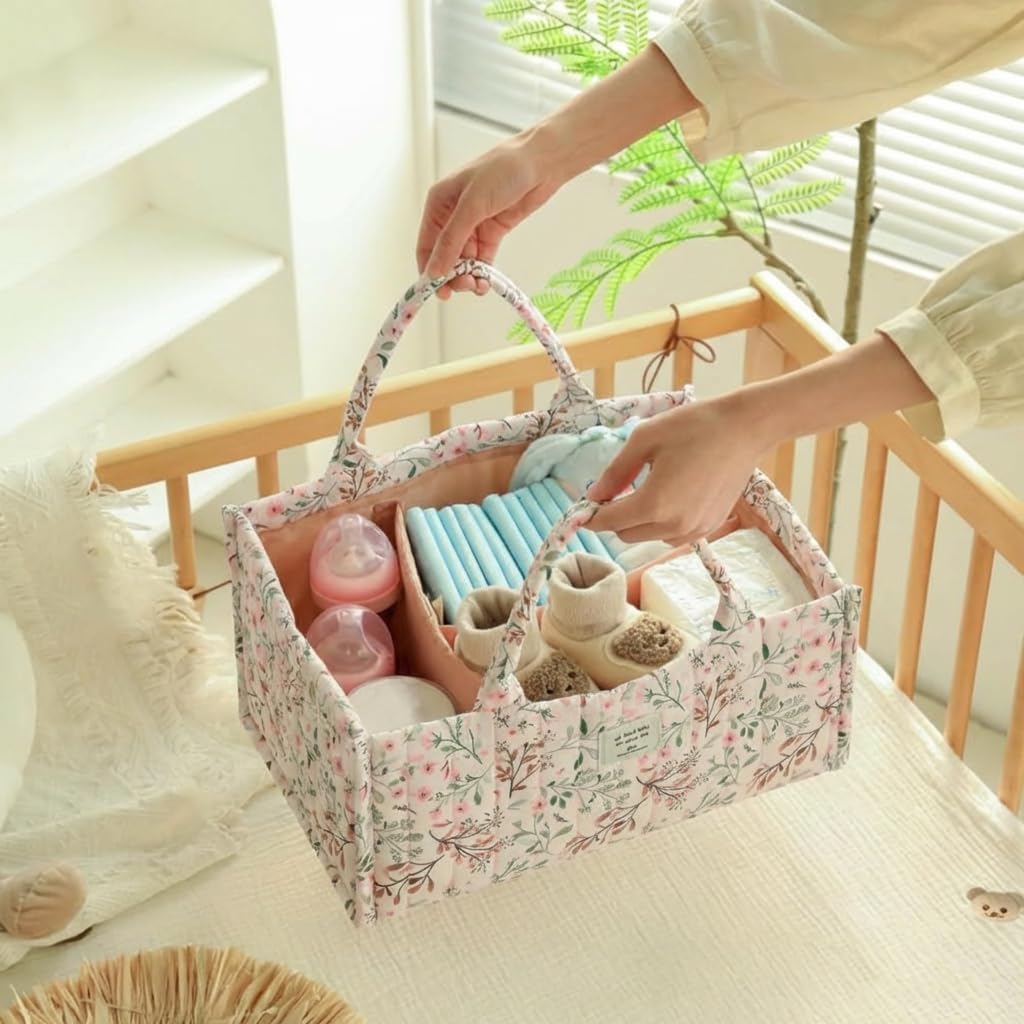 Quilted Fabric Storage Basket Floral Baby Diaper Caddy Quilted Basket for Nursery Bedroom Car Storage (L- Beige 04)