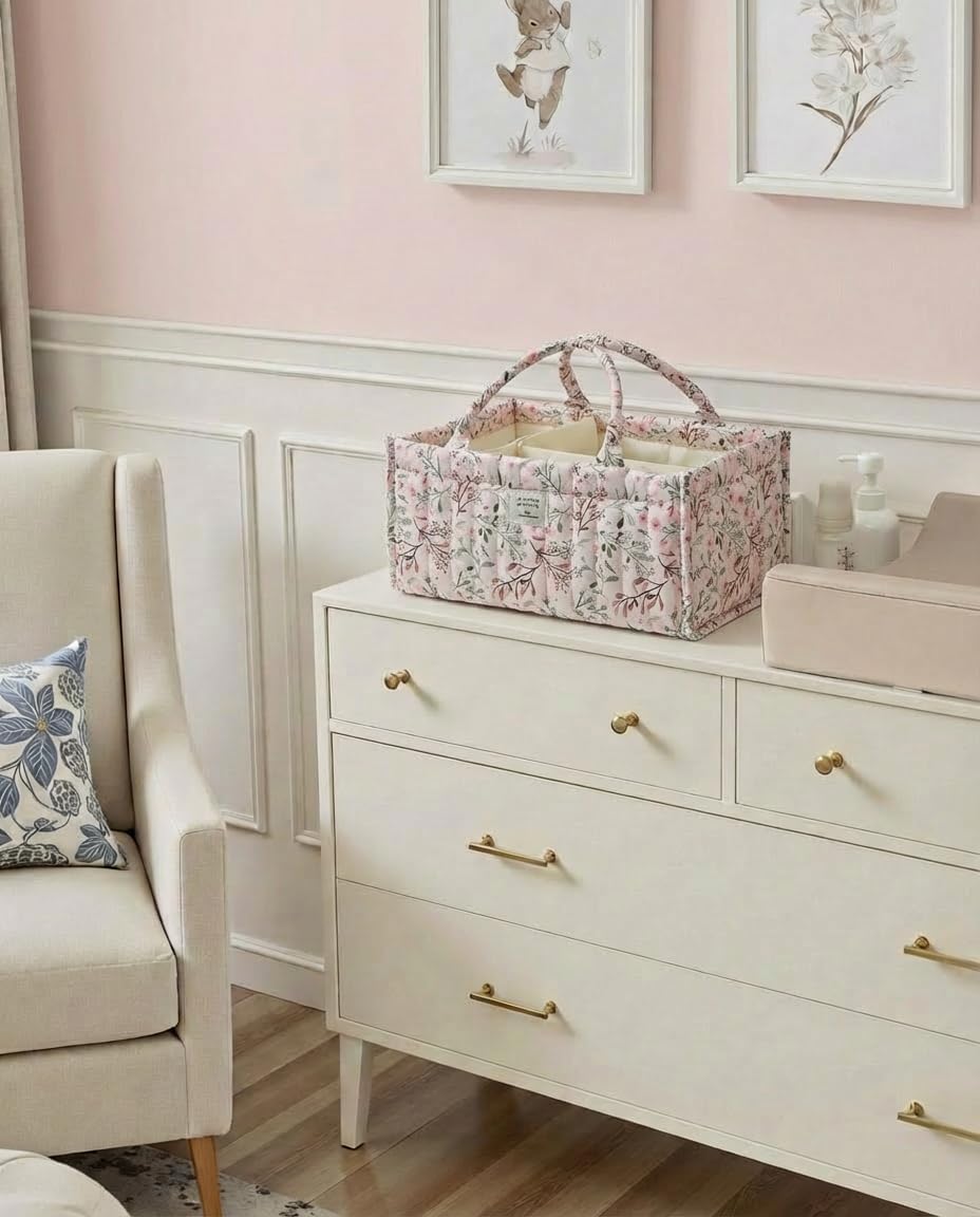 Quilted Fabric Storage Basket Floral Baby Diaper Caddy Quilted Basket for Nursery Bedroom Car Storage (L- Beige 04)
