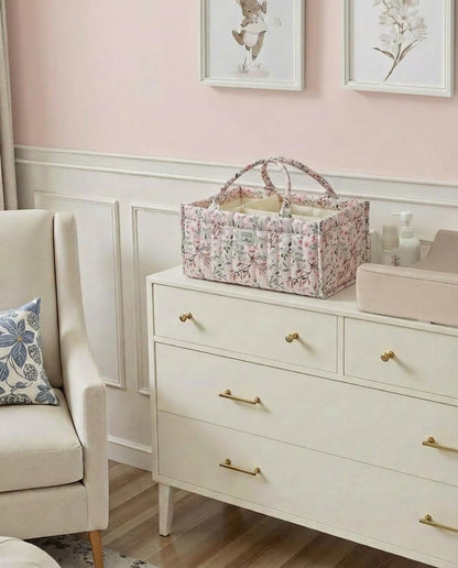 Quilted Fabric Storage Basket Floral Baby Diaper Caddy Quilted Basket for Nursery Bedroom Car Storage (L- Beige 04)