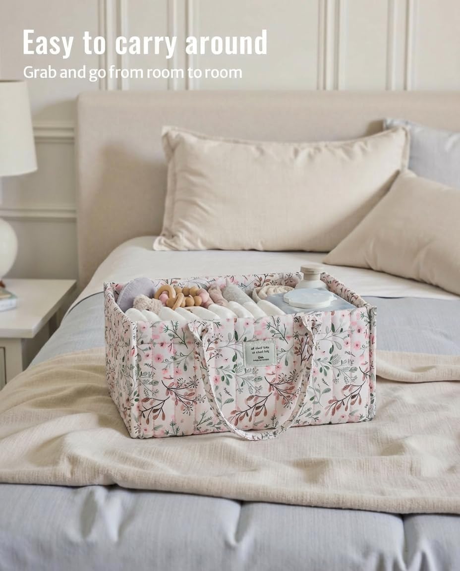 Quilted Fabric Storage Basket Floral Baby Diaper Caddy Quilted Basket for Nursery Bedroom Car Storage (L- Beige 04)