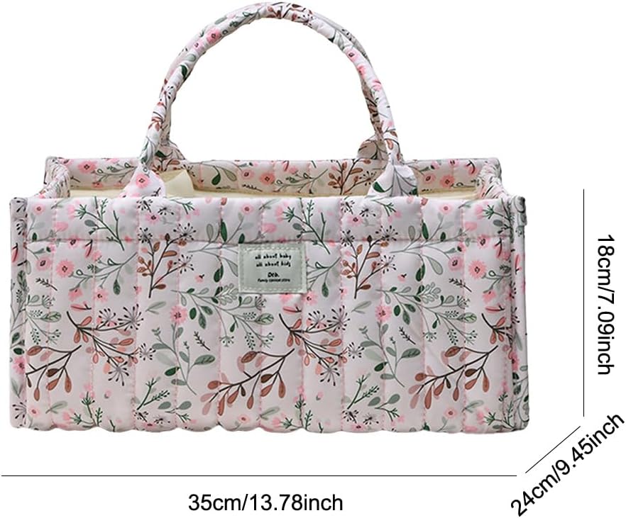 Quilted Fabric Storage Basket Floral Baby Diaper Caddy Quilted Basket for Nursery Bedroom Car Storage (L- Beige 04)