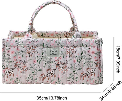 Quilted Fabric Storage Basket Floral Baby Diaper Caddy Quilted Basket for Nursery Bedroom Car Storage (L- Beige 04)
