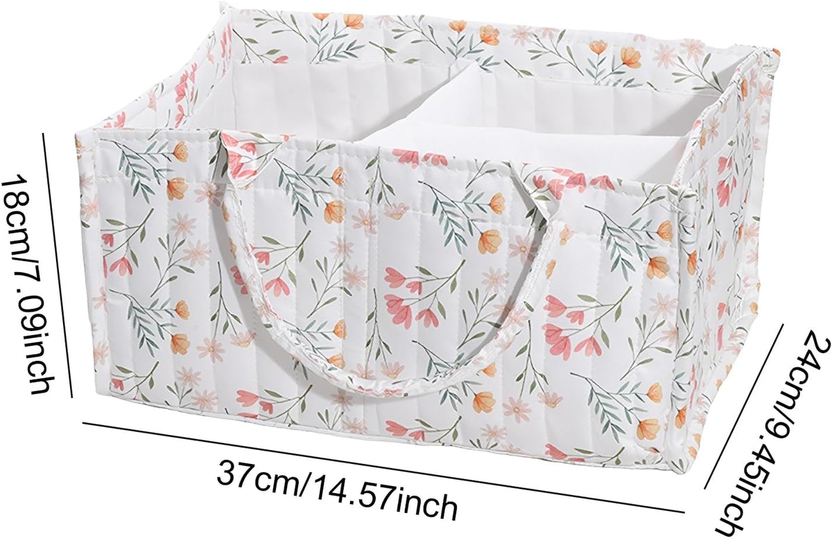Quilted Fabric Storage Basket Floral Baby Diaper Caddy Quilted Basket for Nursery Bedroom Car Storage (L- Beige 04)