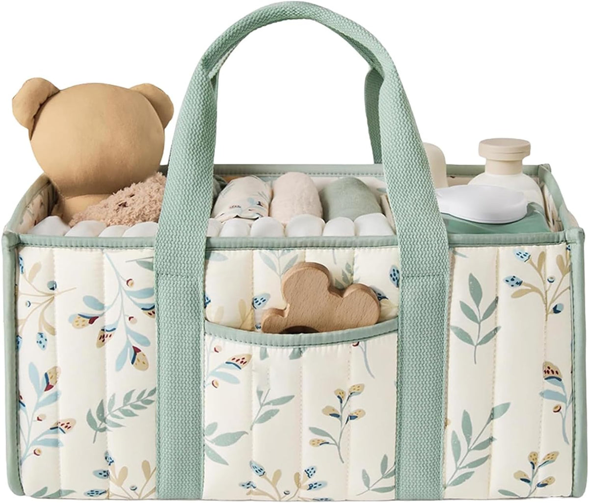 Quilted Fabric Storage Basket Floral Baby Diaper Caddy Quilted Basket for Nursery Bedroom Car Storage (L- Beige 04)