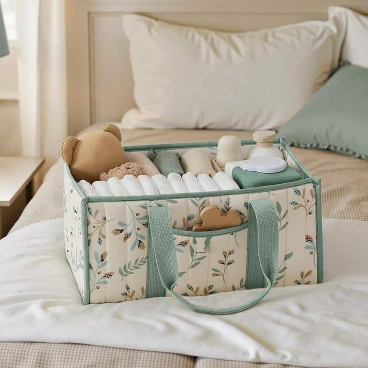 Quilted Fabric Storage Basket Floral Baby Diaper Caddy Quilted Basket for Nursery Bedroom Car Storage (L- Beige 04)