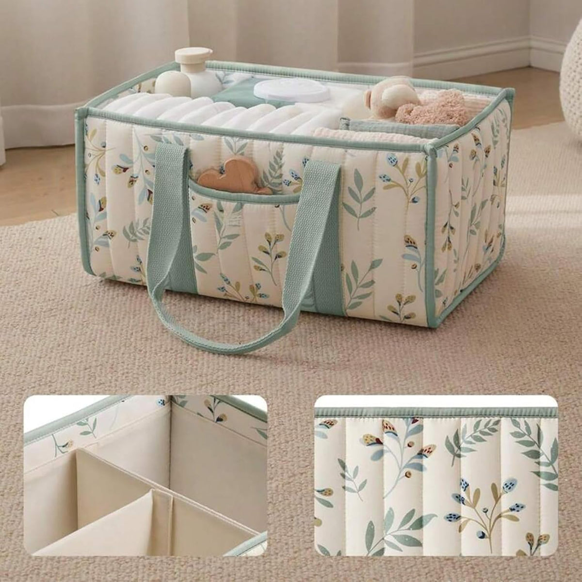 Quilted Fabric Storage Basket Floral Baby Diaper Caddy Quilted Basket for Nursery Bedroom Car Storage (L- Beige 04)