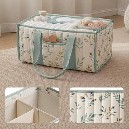 Quilted Fabric Storage Basket Floral Baby Diaper Caddy Quilted Basket for Nursery Bedroom Car Storage (L- Beige 04)