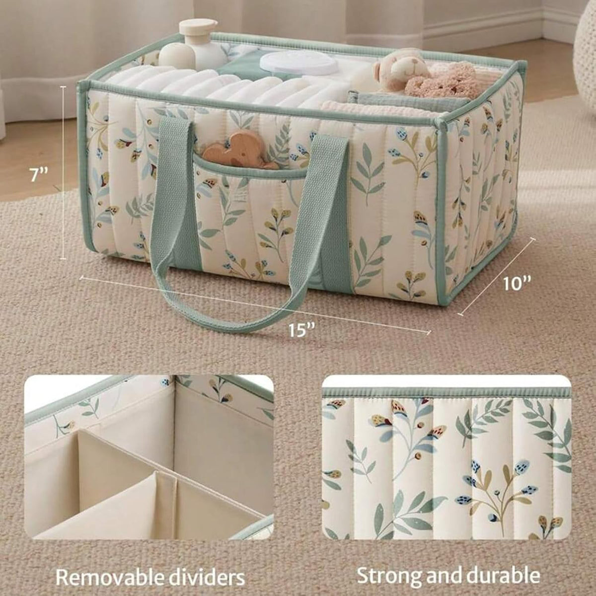 Quilted Fabric Storage Basket Floral Baby Diaper Caddy Quilted Basket for Nursery Bedroom Car Storage (L- Beige 04)
