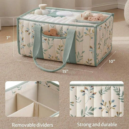 Quilted Fabric Storage Basket Floral Baby Diaper Caddy Quilted Basket for Nursery Bedroom Car Storage (L- Beige 04)