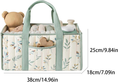 Quilted Fabric Storage Basket Floral Baby Diaper Caddy Quilted Basket for Nursery Bedroom Car Storage (L- Beige 04)
