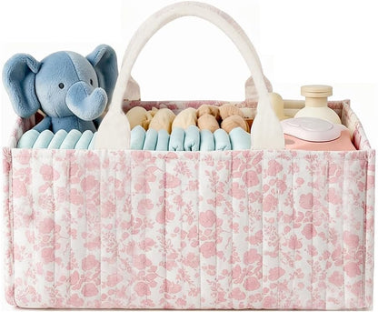Quilted Fabric Storage Basket Floral Baby Diaper Caddy Quilted Basket for Nursery Bedroom Car Storage (L- Beige 04)
