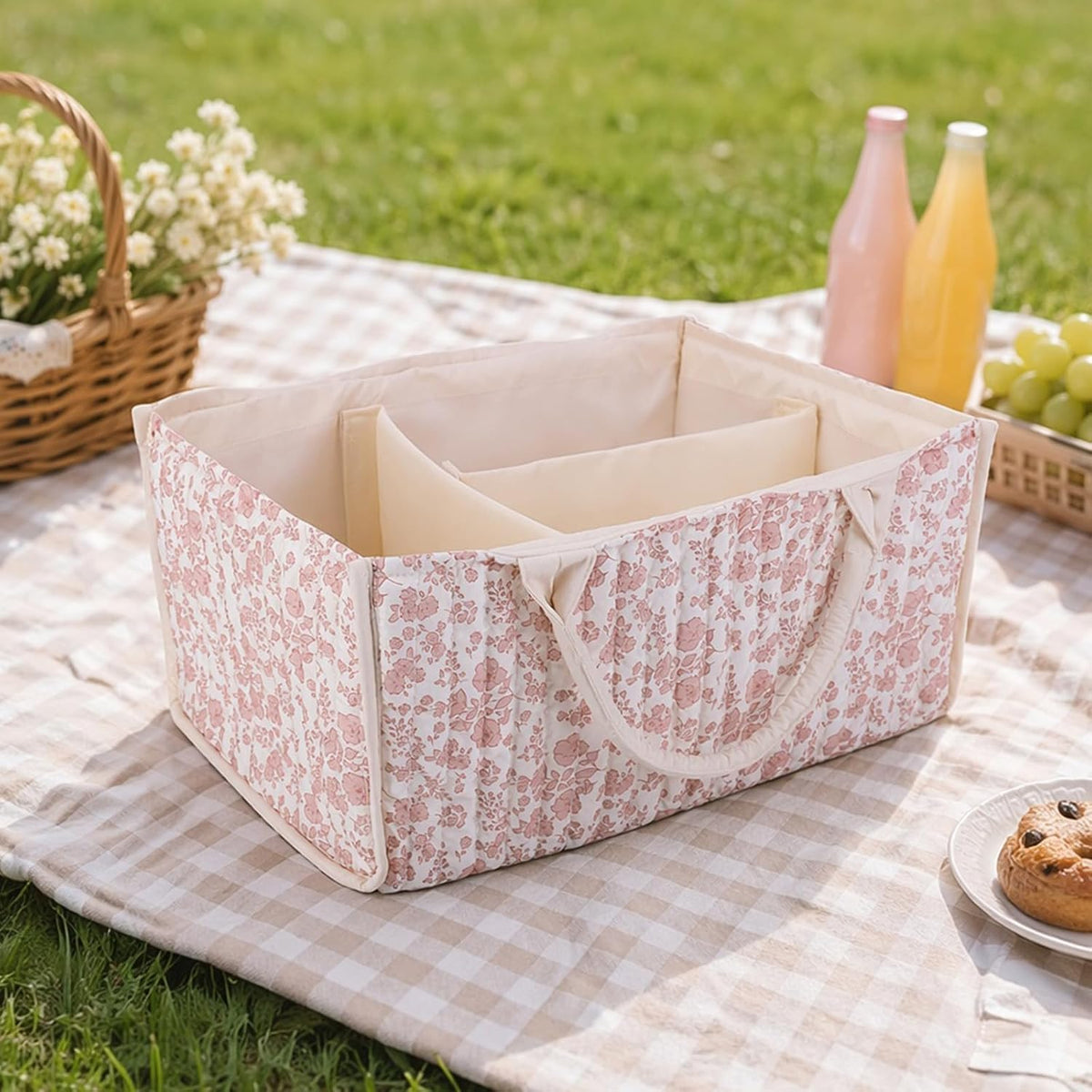 Quilted Fabric Storage Basket Floral Baby Diaper Caddy Quilted Basket for Nursery Bedroom Car Storage (L- Beige 04)
