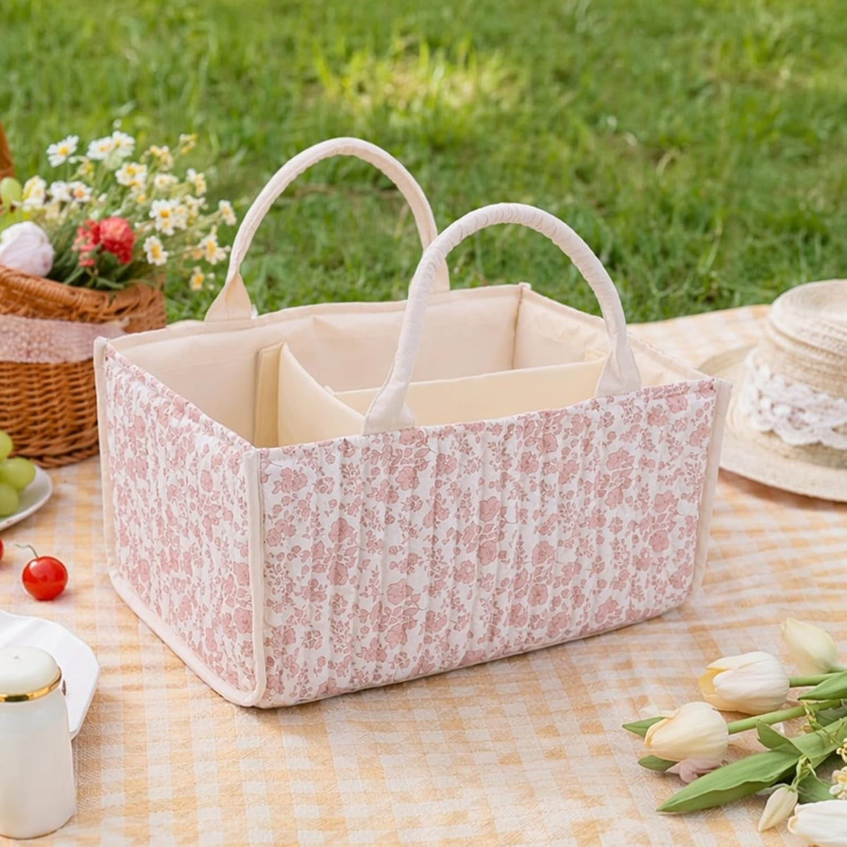 Quilted Fabric Storage Basket Floral Baby Diaper Caddy Quilted Basket for Nursery Bedroom Car Storage (L- Beige 04)