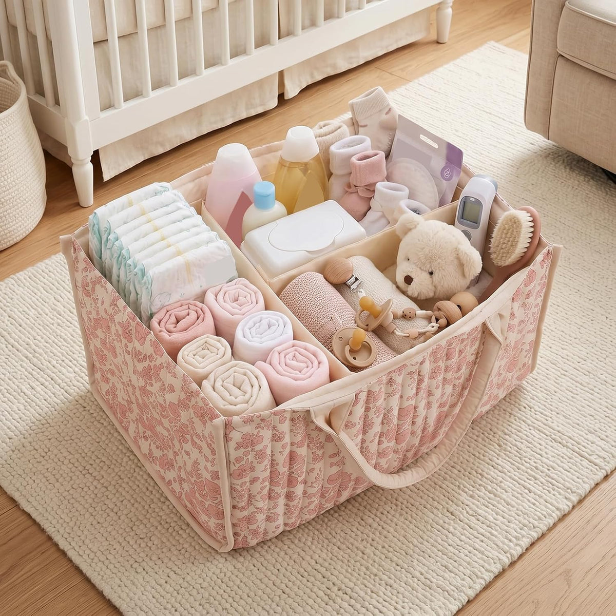 Quilted Fabric Storage Basket Floral Baby Diaper Caddy Quilted Basket for Nursery Bedroom Car Storage (L- Beige 04)