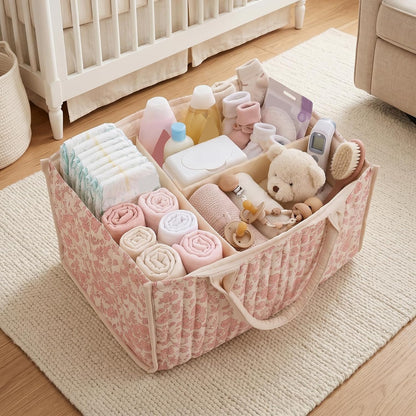Quilted Fabric Storage Basket Floral Baby Diaper Caddy Quilted Basket for Nursery Bedroom Car Storage (L- Beige 04)
