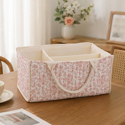 Quilted Fabric Storage Basket Floral Baby Diaper Caddy Quilted Basket for Nursery Bedroom Car Storage (L- Beige 04)