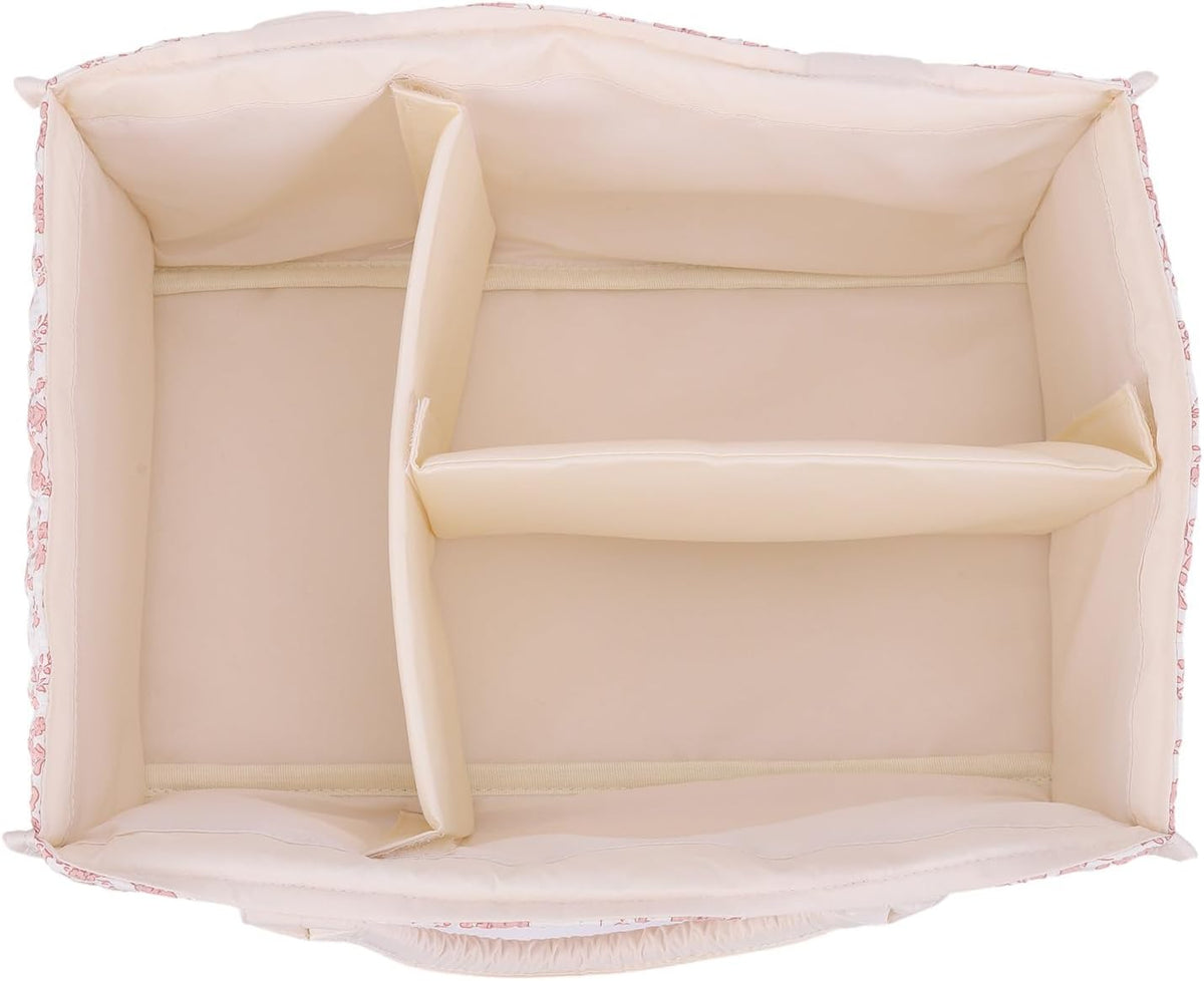 Quilted Fabric Storage Basket Floral Baby Diaper Caddy Quilted Basket for Nursery Bedroom Car Storage (L- Beige 04)