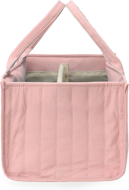Quilted Fabric Storage Basket Floral Baby Diaper Caddy Quilted Basket for Nursery Bedroom Car Storage (L- Beige 04)