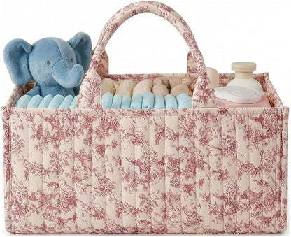Quilted Fabric Storage Basket Floral Baby Diaper Caddy Quilted Basket for Nursery Bedroom Car Storage (L- Beige 04)
