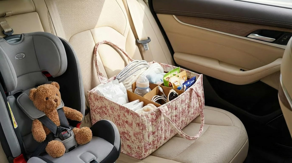 Quilted Fabric Storage Basket Floral Baby Diaper Caddy Quilted Basket for Nursery Bedroom Car Storage (L- Beige 04)