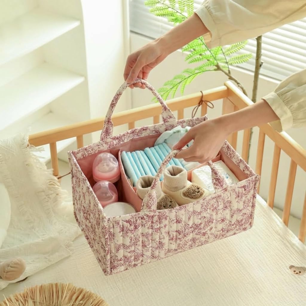 Quilted Fabric Storage Basket Floral Baby Diaper Caddy Quilted Basket for Nursery Bedroom Car Storage (L- Beige 04)