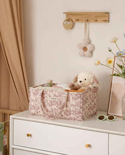 Quilted Fabric Storage Basket Floral Baby Diaper Caddy Quilted Basket for Nursery Bedroom Car Storage (L- Beige 04)