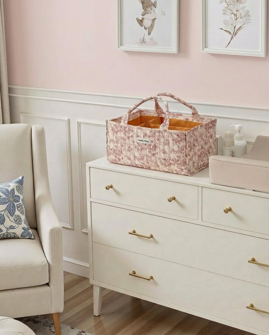 Quilted Fabric Storage Basket Floral Baby Diaper Caddy Quilted Basket for Nursery Bedroom Car Storage (L- Beige 04)