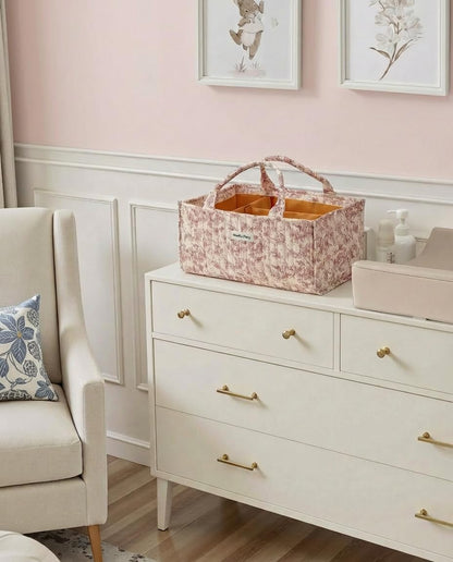 Quilted Fabric Storage Basket Floral Baby Diaper Caddy Quilted Basket for Nursery Bedroom Car Storage (L- Beige 04)