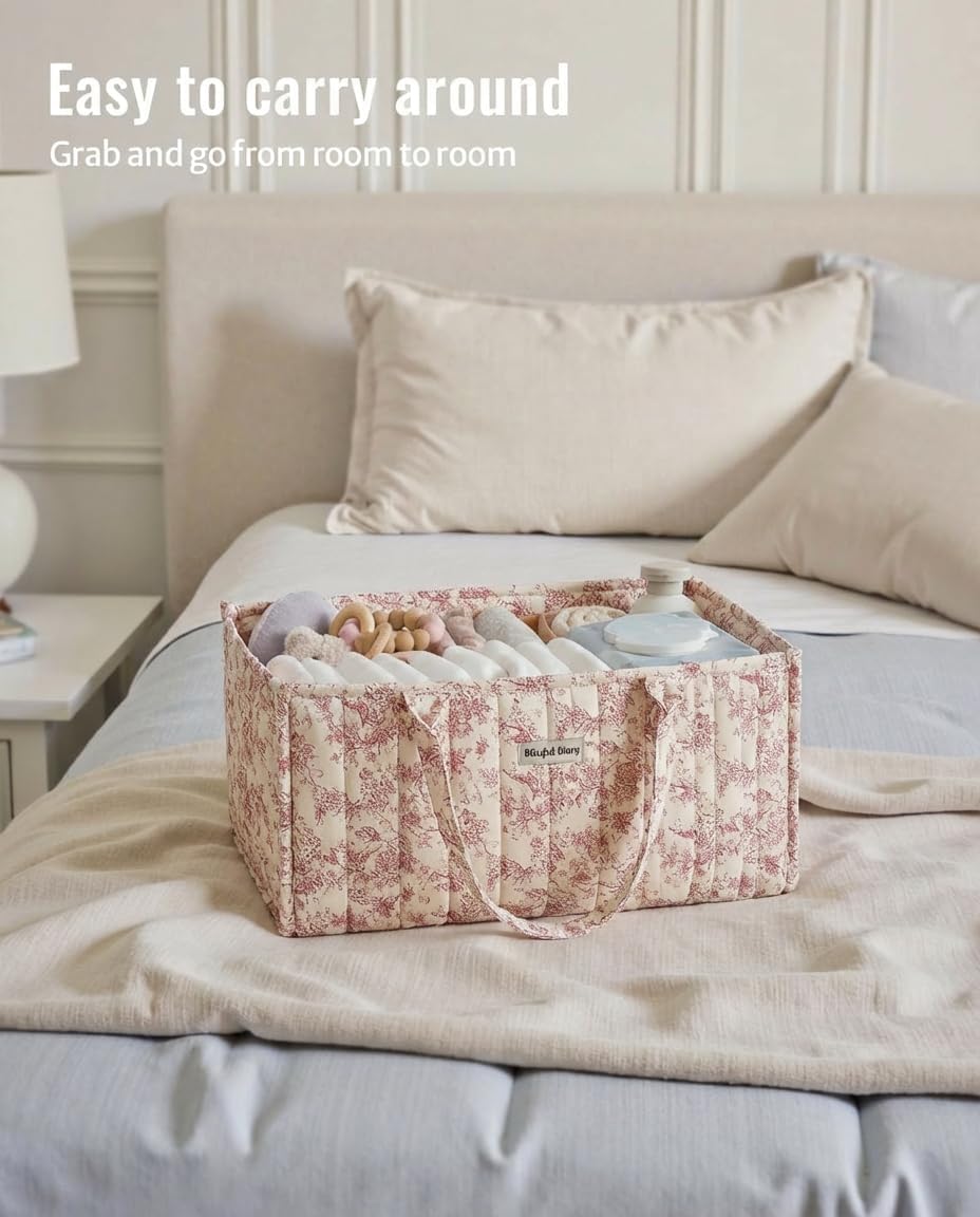 Quilted Fabric Storage Basket Floral Baby Diaper Caddy Quilted Basket for Nursery Bedroom Car Storage (L- Beige 04)