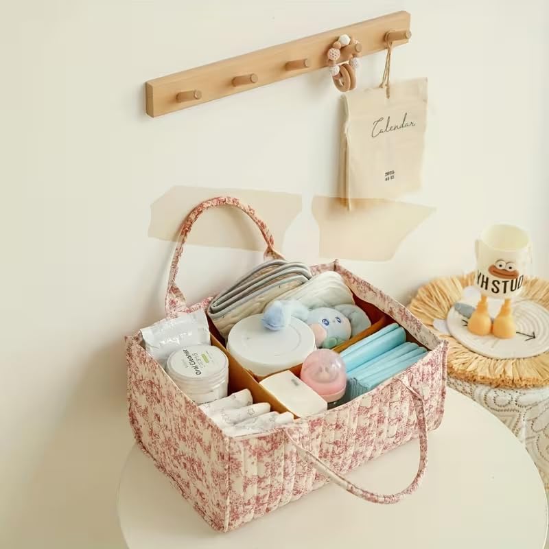 Quilted Fabric Storage Basket Floral Baby Diaper Caddy Quilted Basket for Nursery Bedroom Car Storage (L- Beige 04)