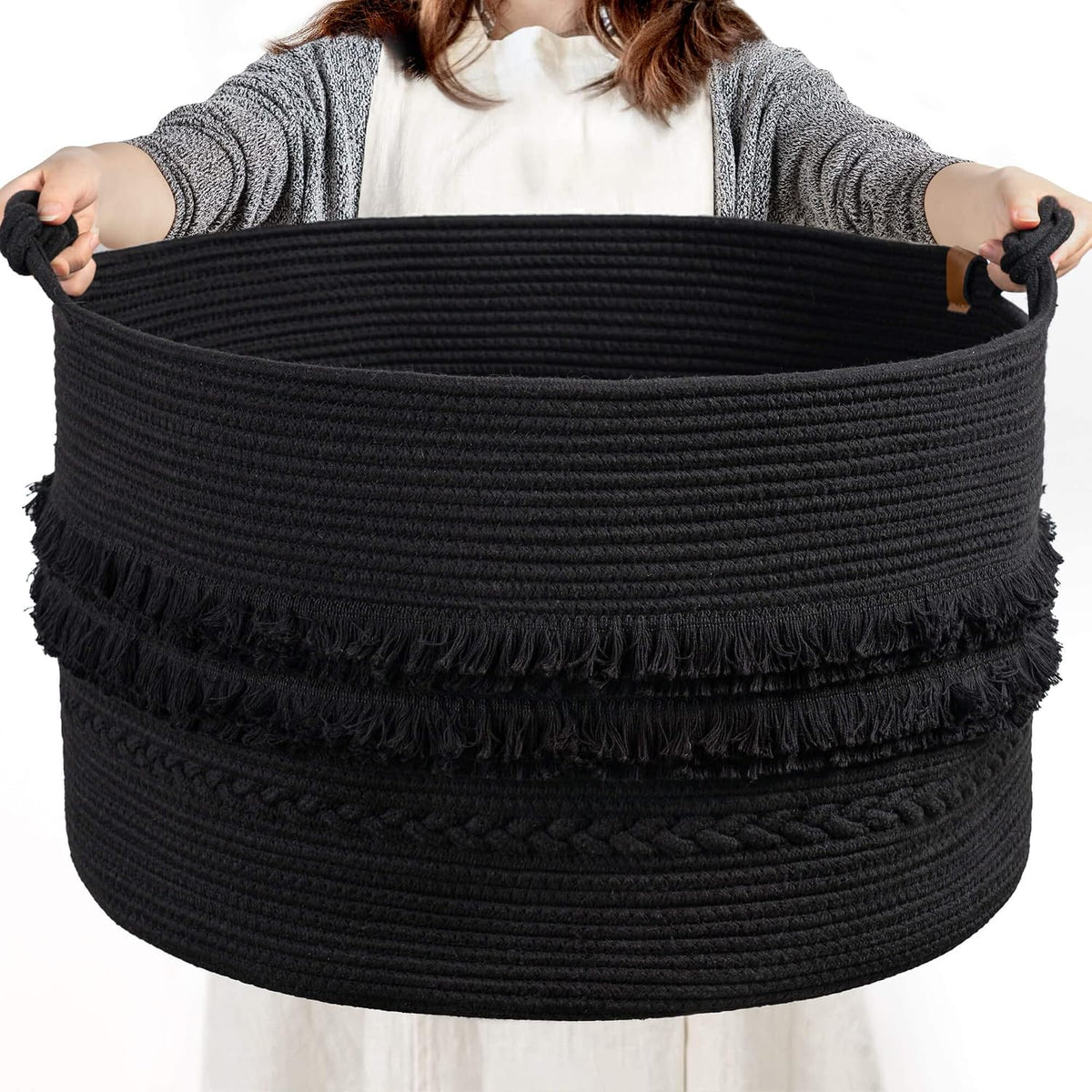 70L Woven Rope Laundry Basket with Tassel, 16" x 22", White