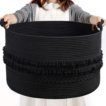 70L Woven Rope Laundry Basket with Tassel, 16" x 22", White