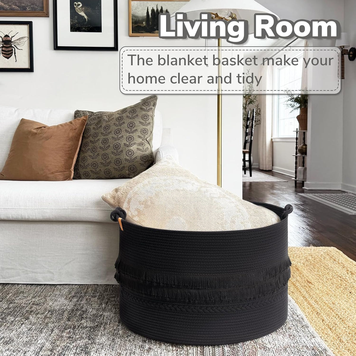 70L Woven Rope Laundry Basket with Tassel, 16" x 22", White