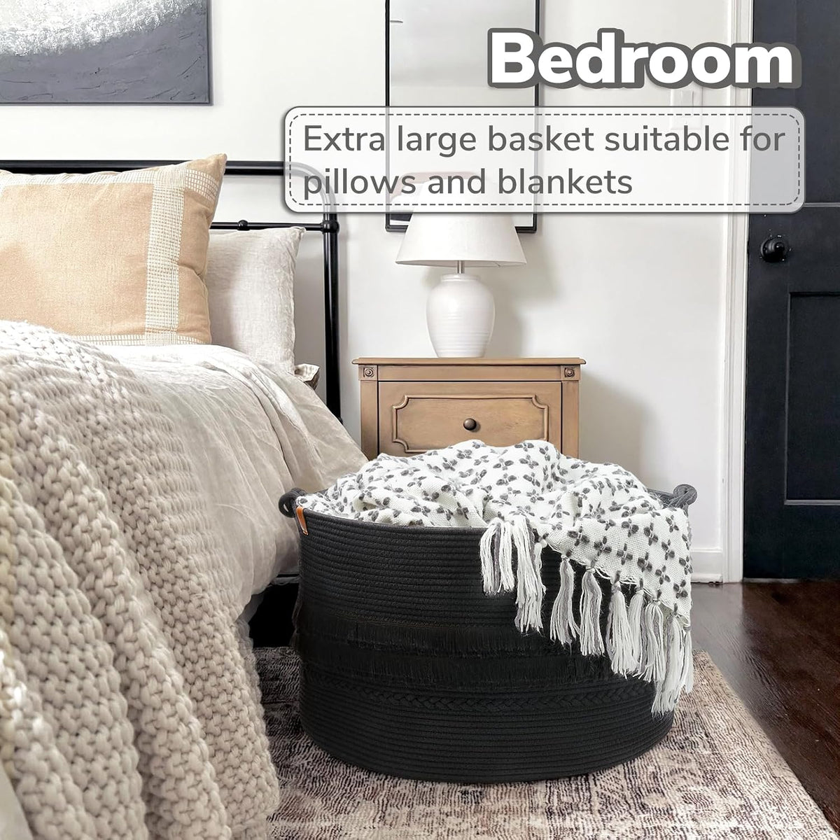 70L Woven Rope Laundry Basket with Tassel, 16" x 22", White