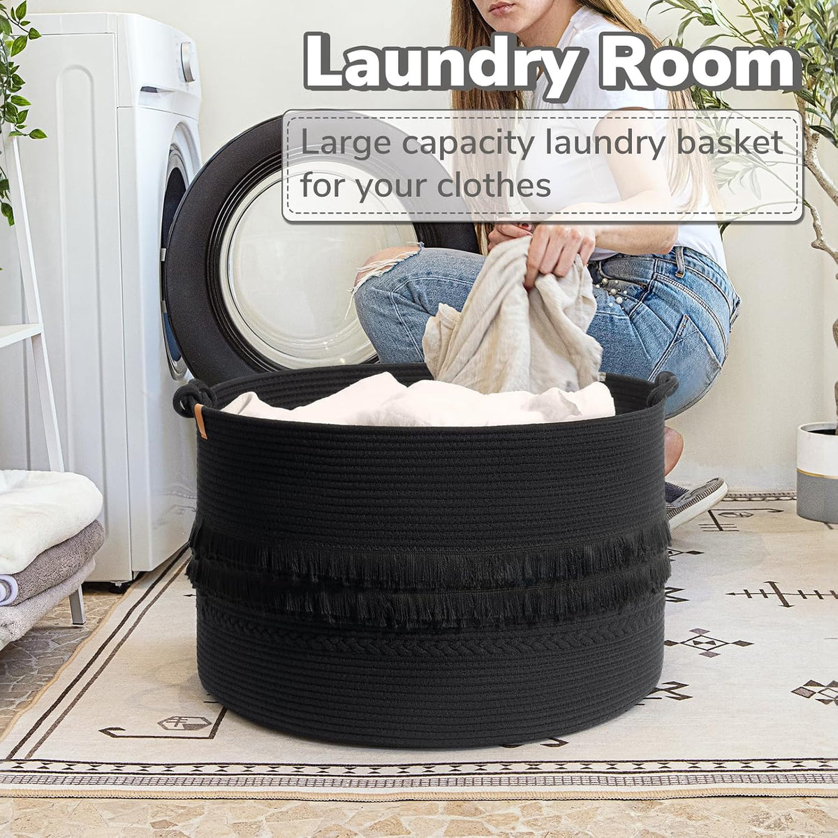 70L Woven Rope Laundry Basket with Tassel, 16" x 22", White