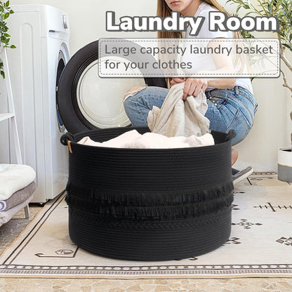 70L Woven Rope Laundry Basket with Tassel, 16" x 22", White
