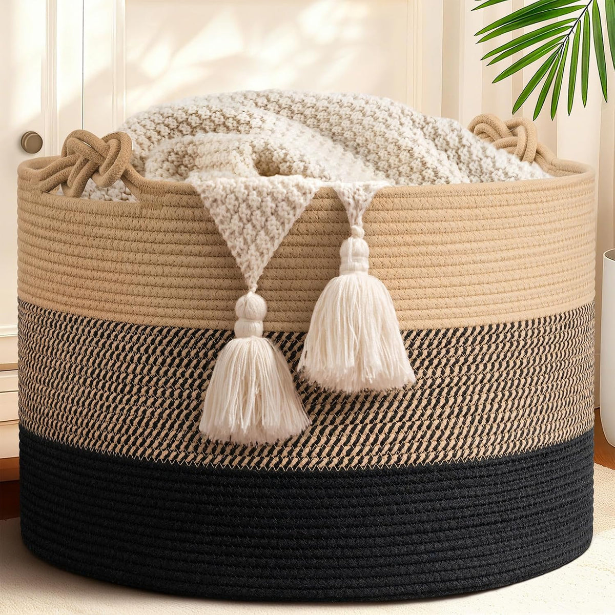 70L Woven Rope Laundry Basket with Tassel, 16" x 22", White